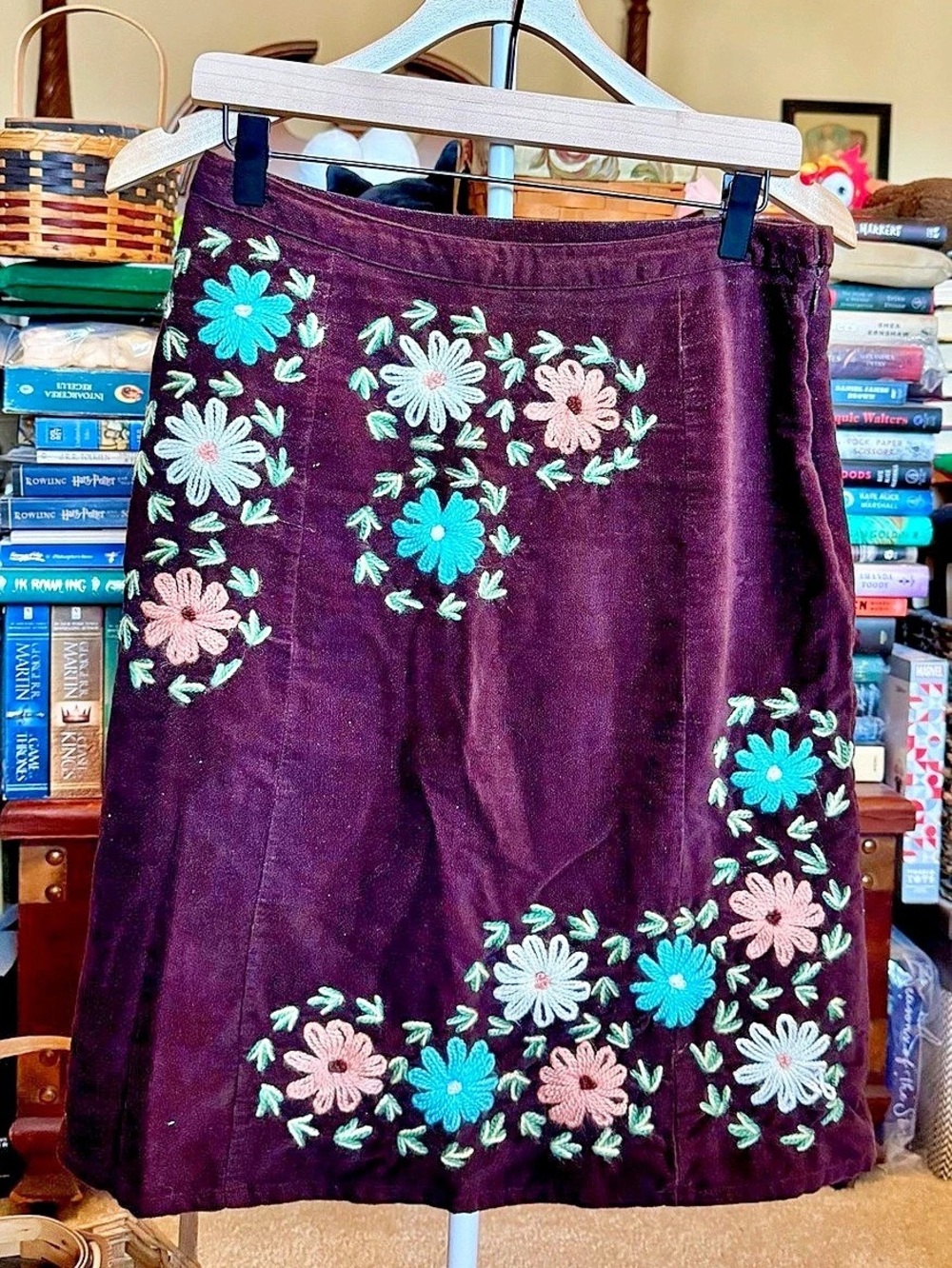 Vintage Persaman New York Embroidered Floral A-Line Velvet Skirt